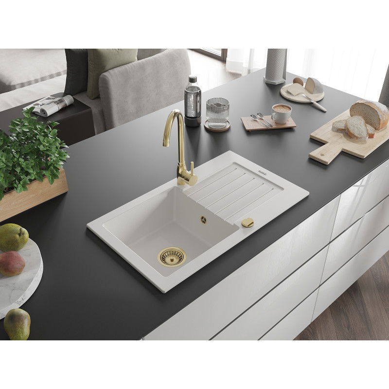 Mexen Pablo granite sink, 1-bowl with drainer, 752 x 436 mm, white, gold siphon - 6510751010-20-G
