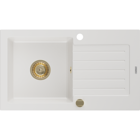 Mexen Pablo 1-compartment granite sink with a drip tray 752 x 436 mm, White, siphon Gold - 6510751010-20-G