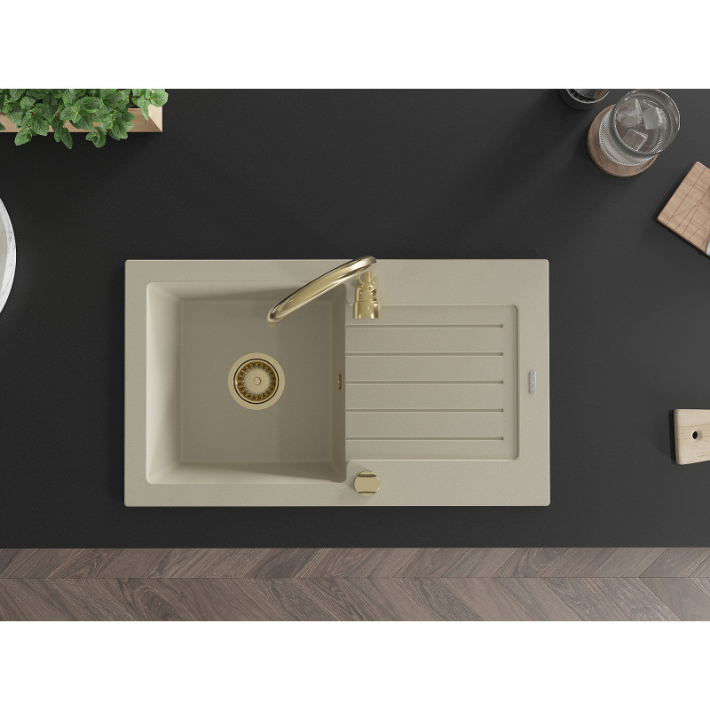 Mexen Pablo 1-bowl granite sink with drainer 752 x 436 mm, beige, gold siphon - 6510751010-69-G