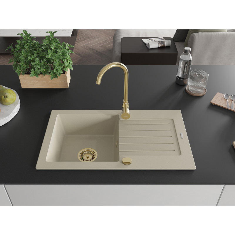 Mexen Pablo 1-bowl granite sink with drainer 752 x 436 mm, beige, gold siphon - 6510751010-69-G