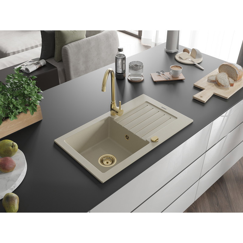 Mexen Pablo 1-bowl granite sink with drainer 752 x 436 mm, beige, gold siphon - 6510751010-69-G