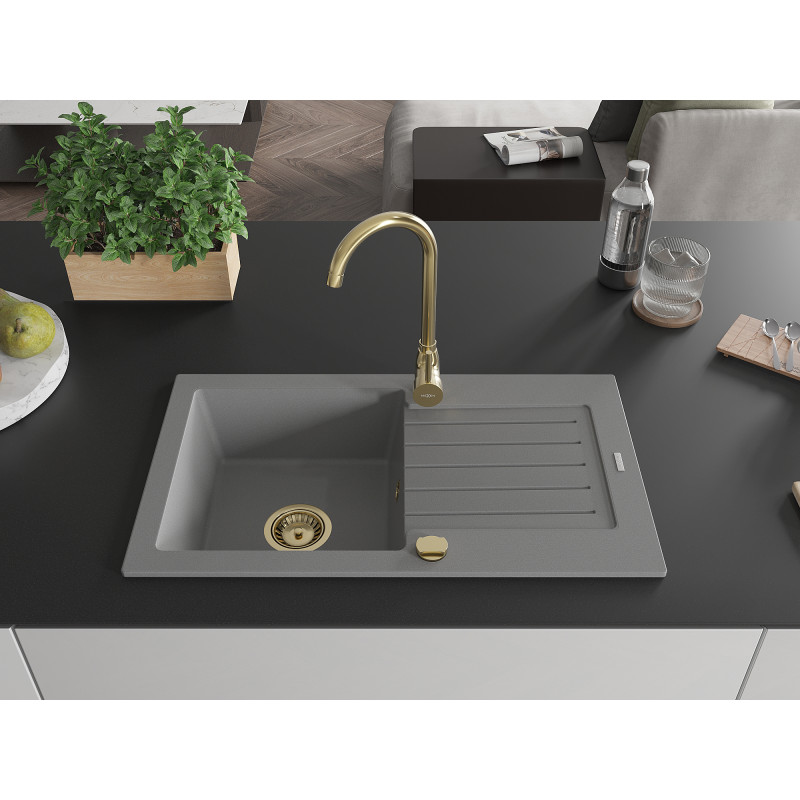 Mexen Pablo granite sink 1-bowl with drainer 752 x 436 mm, gray, gold siphon - 6510751010-71-G