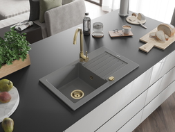 Mexen Pablo 1-compartment granite sink with a drip tray 752 x 436 mm, Grey, siphon Gold - 6510751010-71-G