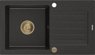 Mexen Pablo granite sink 1-bowl with drainer 752 x 436 mm, black/gold metallic, gold siphon - 6510751010-75-G