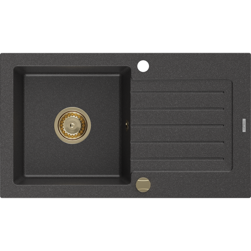 Mexen Pablo 1-compartment granite sink with a drip tray 752 x 436 mm, spotted black, siphon Gold - 6510751010-76-G