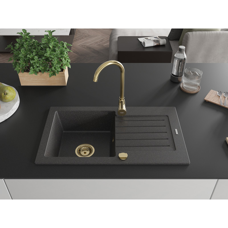Mexen Pablo granite sink 1-bowl with drainer 752 x 436 mm, black speckled, golden siphon - 6510751010-76-G