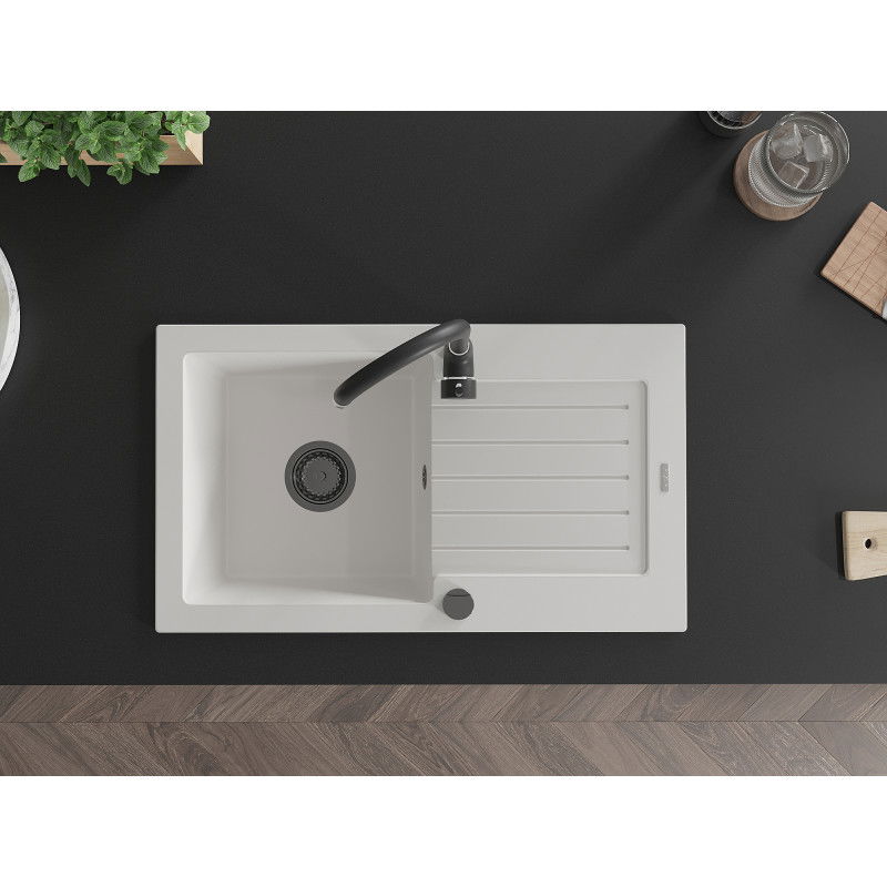 Mexen Pablo granite sink 1-bowl with drainer 752 x 436 mm, white, black siphon - 6510751010-20-B