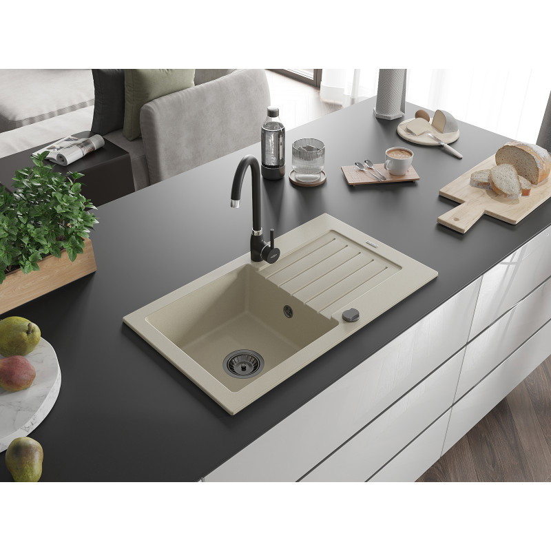 Mexen Pablo 1-Bowl Granite Sink with Drainer 752 x 436 mm, Beige, Black Siphon - 6510751010-69-B