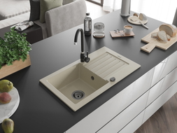 Mexen Pablo 1-Bowl Granite Sink with Drainer 752 x 436 mm, Beige, Black Siphon - 6510751010-69-B