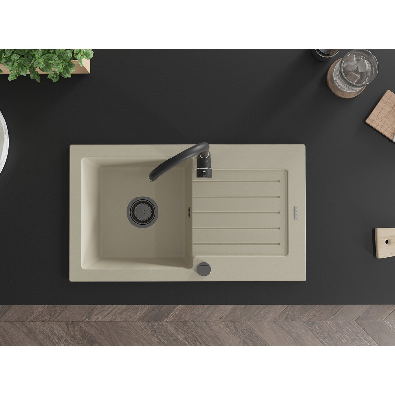 Mexen Pablo 1-Bowl Granite Sink with Drainer 752 x 436 mm, Beige, Black Siphon - 6510751010-69-B