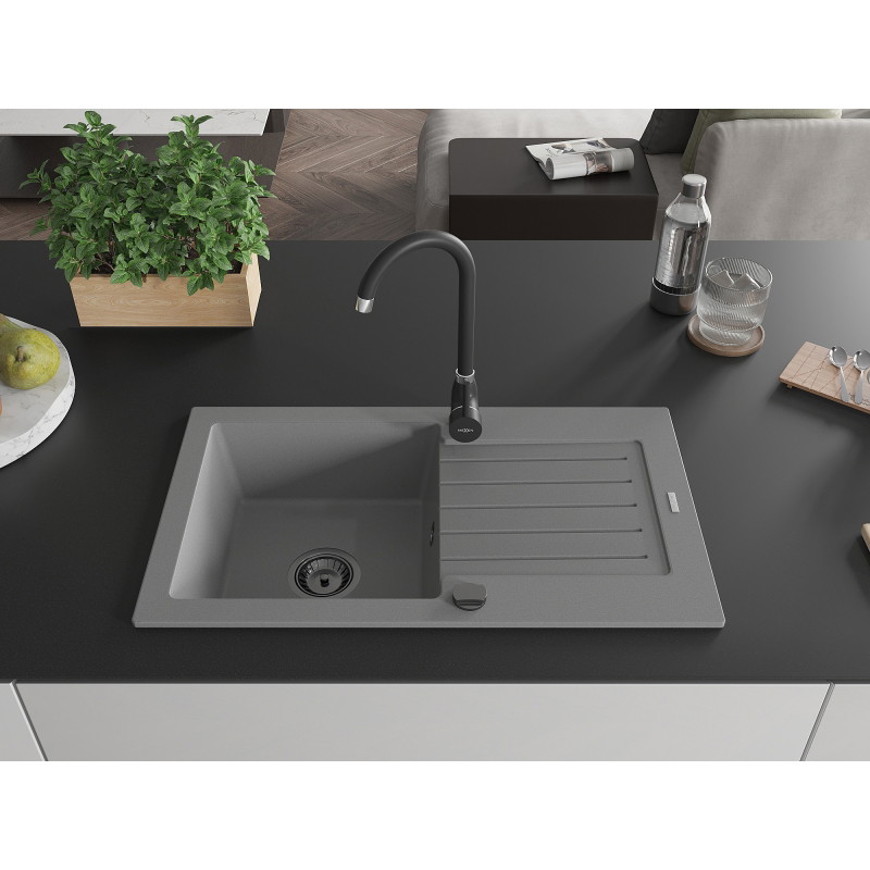 Mexen Pablo granite kitchen sink 1-bowl with drainer 752 x 436 mm, gray, black siphon - 6510751010-71-B