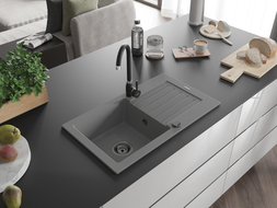 Mexen Pablo granite kitchen sink 1-bowl with drainer 752 x 436 mm, gray, black siphon - 6510751010-71-B