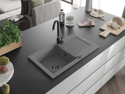 Mexen Pablo granite sink 1-bowl with drainer 752 x 436 mm, gray, black siphon - 6510751010-71-B