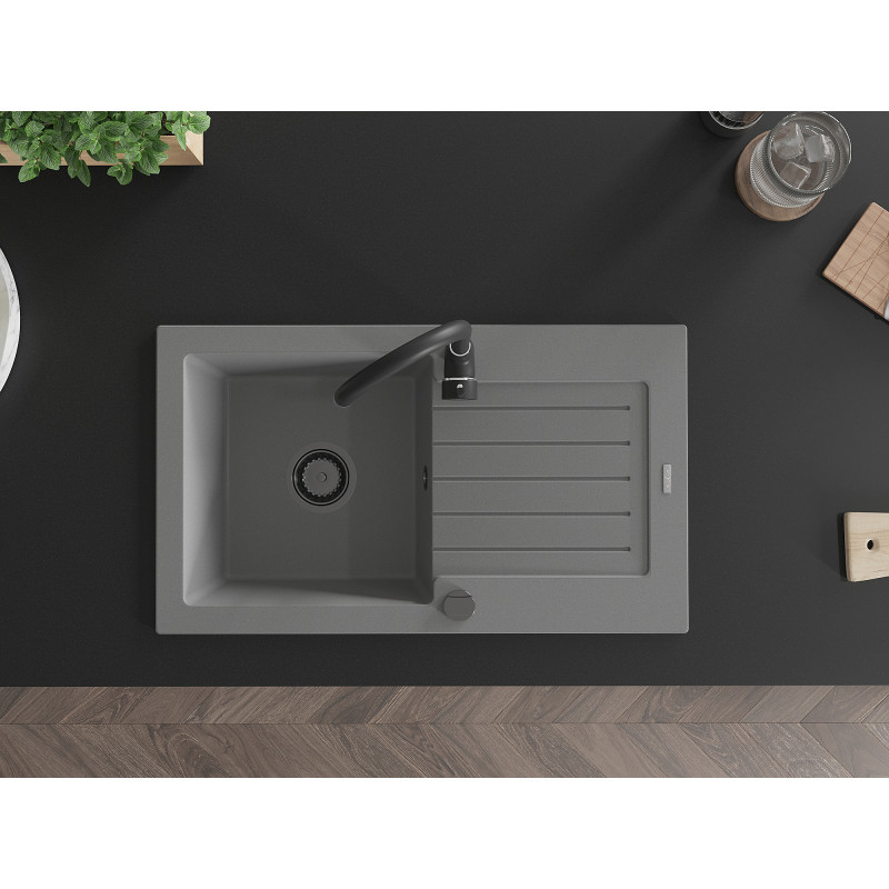 Mexen Pablo granite sink 1-bowl with drainer 752 x 436 mm, gray, black siphon - 6510751010-71-B