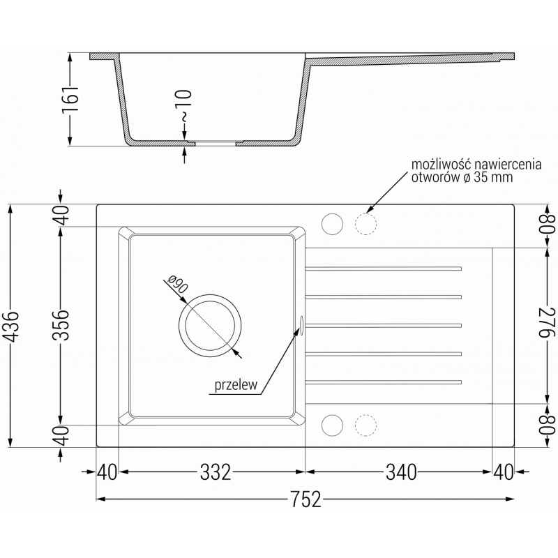 Mexen Pablo 1-bowl granite sink with drainer 752 x 436 mm, black/silver metallic, black siphon - 6510751010-73-B