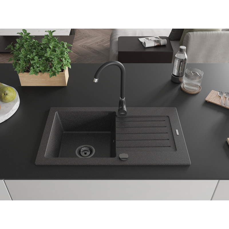 Mexen Pablo granite sink 1-bowl with drainer 752 x 436 mm, black speckled, black siphon - 6510751010-76-B