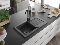 Mexen Pablo granite sink 1-bowl with drainer 752 x 436 mm, black speckled, black siphon - 6510751010-76-B