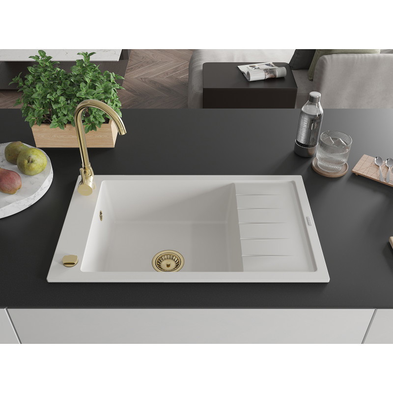 Mexen Elias granite kitchen sink 1-bowl with drainer 795 x 480 mm, white, golden siphon - 6511791005-20-G