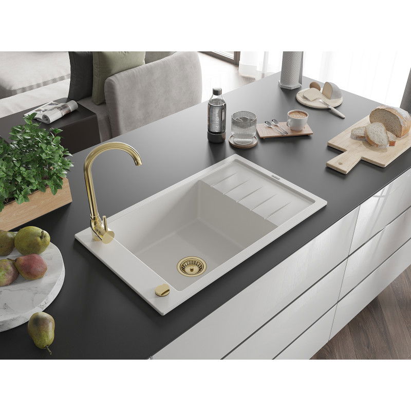 Mexen Elias single-bowl granite sink with drainer 795 x 480 mm, white, gold siphon - 6511791005-20-G