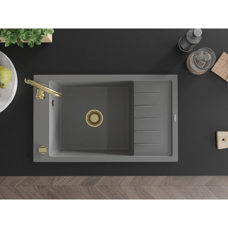 Mexen Elias 1-Bowl Granite Sink with Drainer 795 x 480 mm, Gray, Gold Drain - 6511791005-71-G