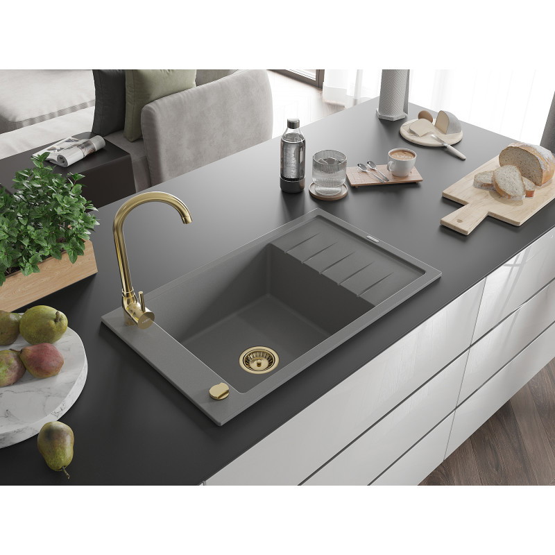 Mexen Elias 1-Bowl Granite Sink with Drainer 795 x 480 mm, Gray, Gold Drain - 6511791005-71-G
