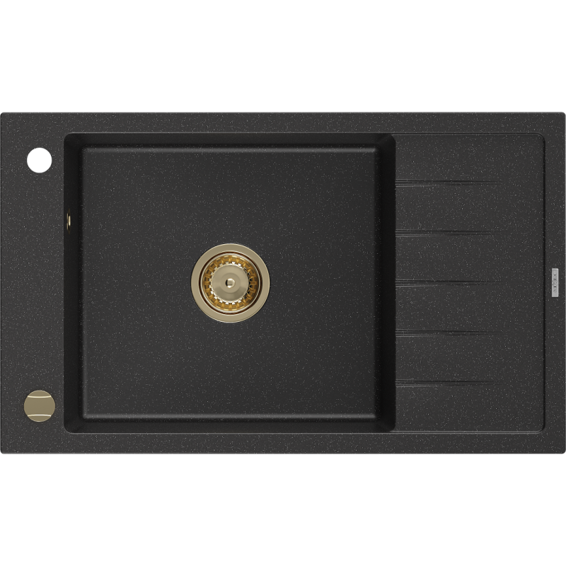 Mexen Elias 1-compartment granite sink with a drip tray 795 x 480 mm, Black/Silver metallic, siphon Gold - 6511791005-73-G
