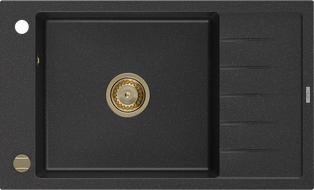 Mexen Elias 1-compartment granite sink with a drip tray 795 x 480 mm, Black/Silver metallic, siphon Gold - 6511791005-73-G
