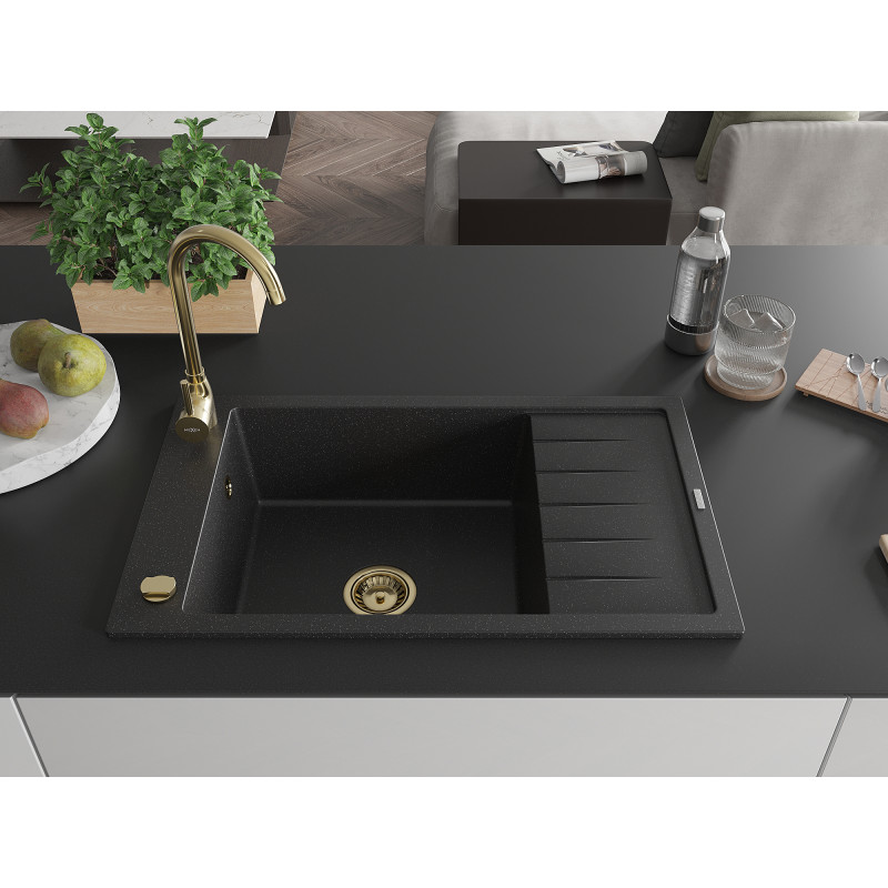 Mexen Elias granite kitchen sink 1-bowl with drainer 795 x 480 mm, black/silver metallic, gold siphon - 6511791005-73-G