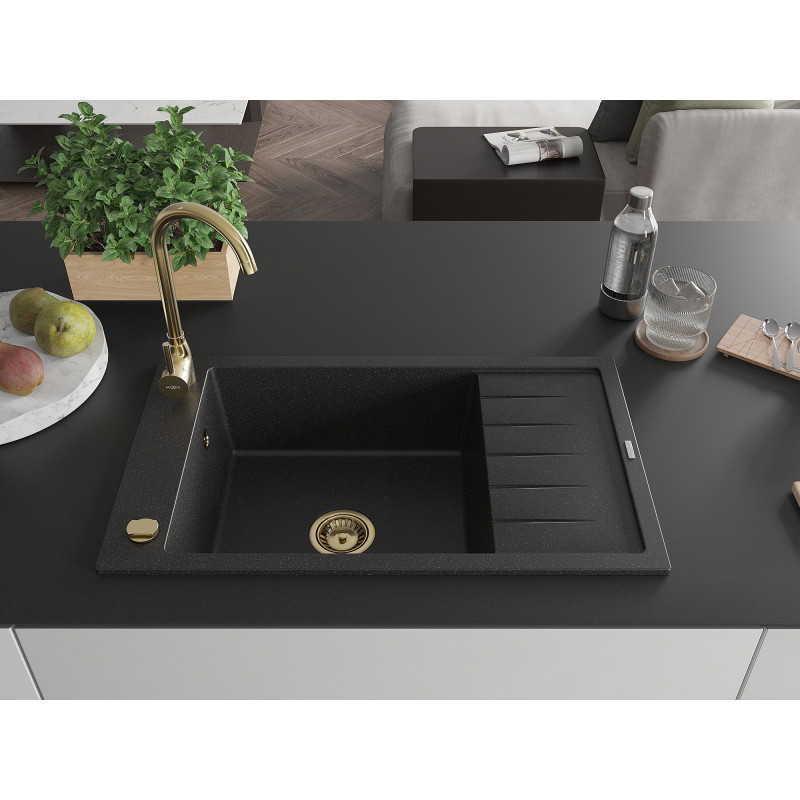 Mexen Elias granite kitchen sink with 1 bowl and drainer 795 x 480 mm, black/silver metallic, gold siphon - 6511791005-73-G