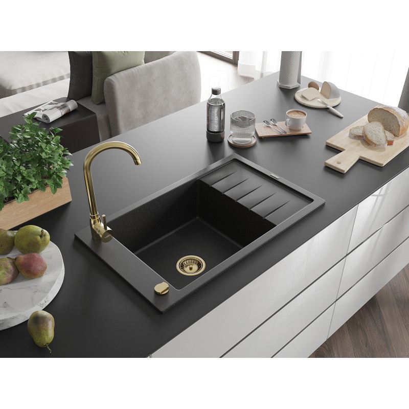 Mexen Elias granite kitchen sink 1-bowl with drainer 795 x 480 mm, black/silver metallic, gold siphon - 6511791005-73-G