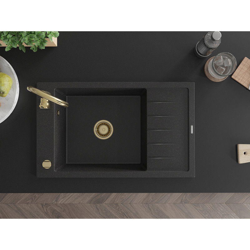 Mexen Elias granite sink 1-bowl with drainer 795 x 480 mm, black/silver metallic, golden siphon - 6511791005-73-G