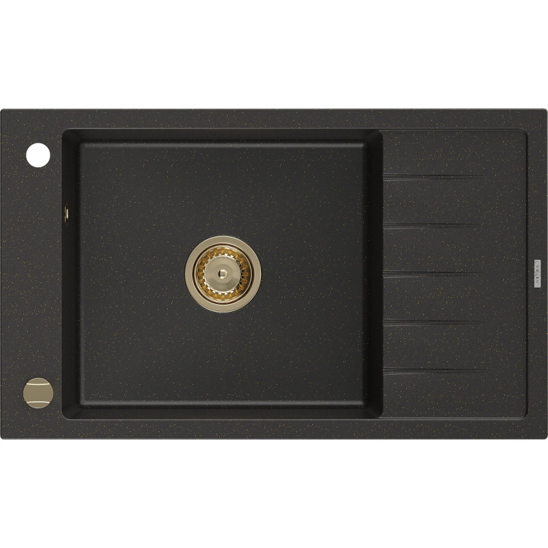 Mexen Elias granite kitchen sink 1-bowl with drainer 795 x 480 mm, black/gold metallic, gold siphon - 6511791005-75-G
