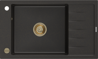 Mexen Elias granite kitchen sink 1-bowl with drainer 795 x 480 mm, black/gold metallic, gold siphon - 6511791005-75-G