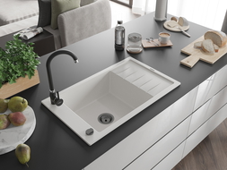 Mexen Elias 1-compartment granite sink with a drip tray 795 x 480 mm, White, siphon Black - 6511791005-20-B