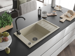 Mexen Elias 1-compartment granite sink with a drip tray 795 x 480 mm, Beige, siphon Black - 6511791005-69-B