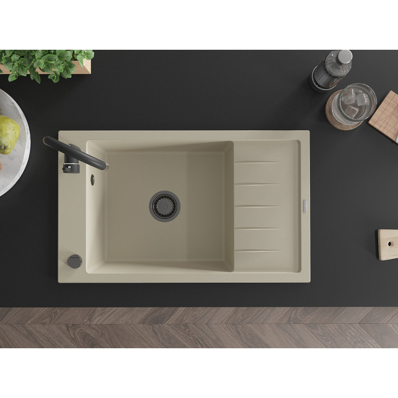 Mexen Elias 1-bowl granite sink with drainer 795 x 480 mm, beige, black siphon - 6511791005-69-B