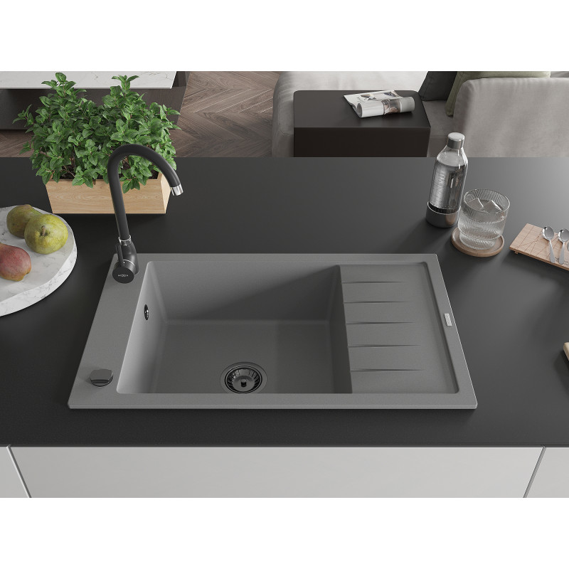 Mexen Elias 1-bowl granite sink with drainer 795 x 480 mm, gray, black siphon - 6511791005-71-B