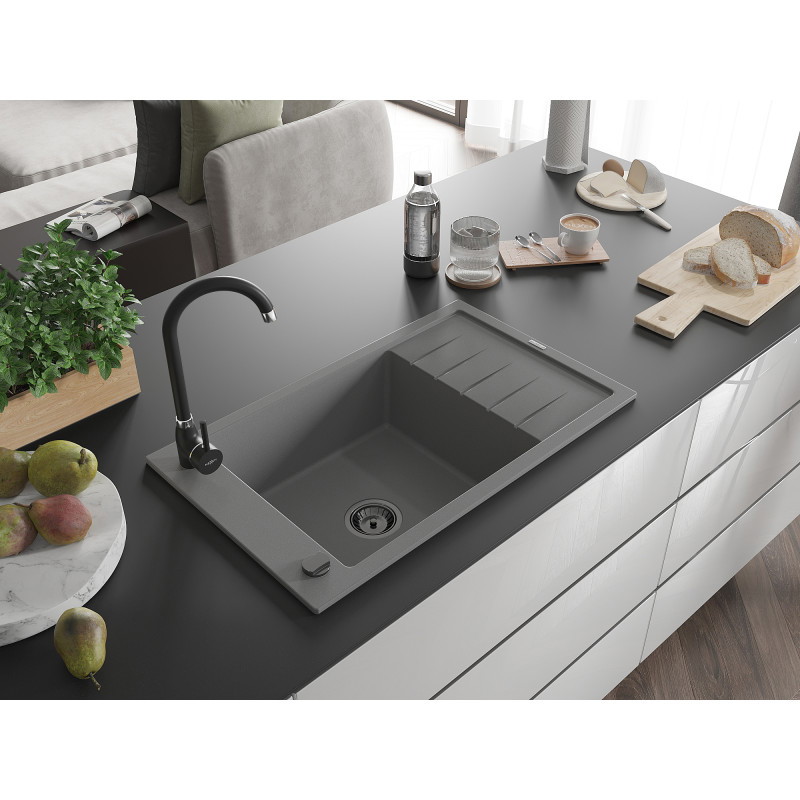 Mexen Elias 1-bowl granite sink with drainer 795 x 480 mm, gray, black siphon - 6511791005-71-B