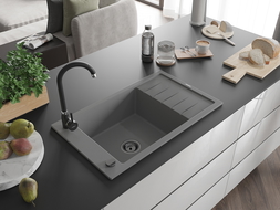 Mexen Elias 1-compartment granite sink with a drip tray 795 x 480 mm, Grey, siphon Black - 6511791005-71-B