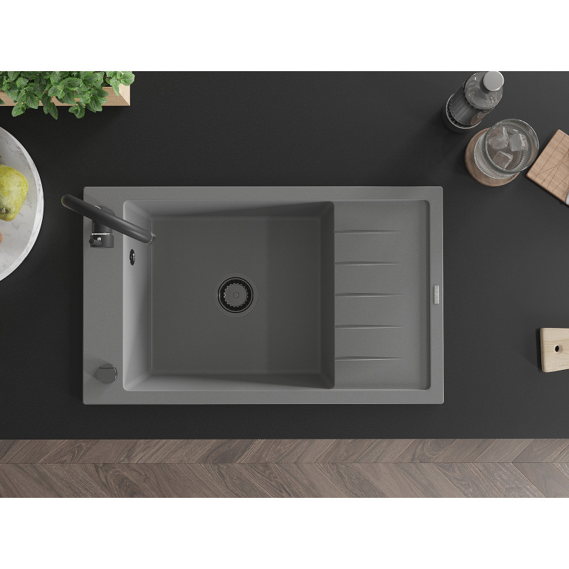 Mexen Elias 1-bowl granite sink with drainer 795 x 480 mm, gray, black siphon - 6511791005-71-B