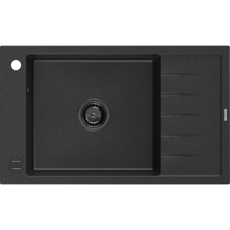 Mexen Elias granite kitchen sink with one basin and drainer 795 x 480 mm, black/silver metallic, black siphon - 6511791005-73-B