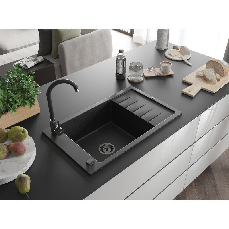 Mexen Elias granite kitchen sink with one basin and drainer 795 x 480 mm, black/silver metallic, black siphon - 6511791005-73-B