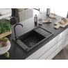 Mexen Elias granite sink 1-bowl with drainer 795 x 480 mm, black/silver metallic, black siphon - 6511791005-73-B