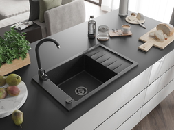Mexen Elias 1-compartment granite sink with a drip tray 795 x 480 mm, Black/Silver metallic, siphon Black - 6511791005-73-B