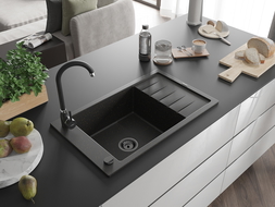 Mexen Elias 1-compartment granite sink with a drip tray 795 x 480 mm, Black/Gold metallic, siphon Black - 6511791005-75-B