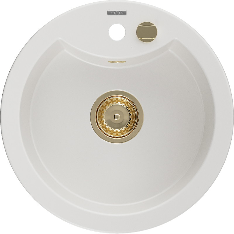 Mexen Diego granite sink 1-bowl 488 x 480 mm, white, golden siphon - 6512481000-20-G