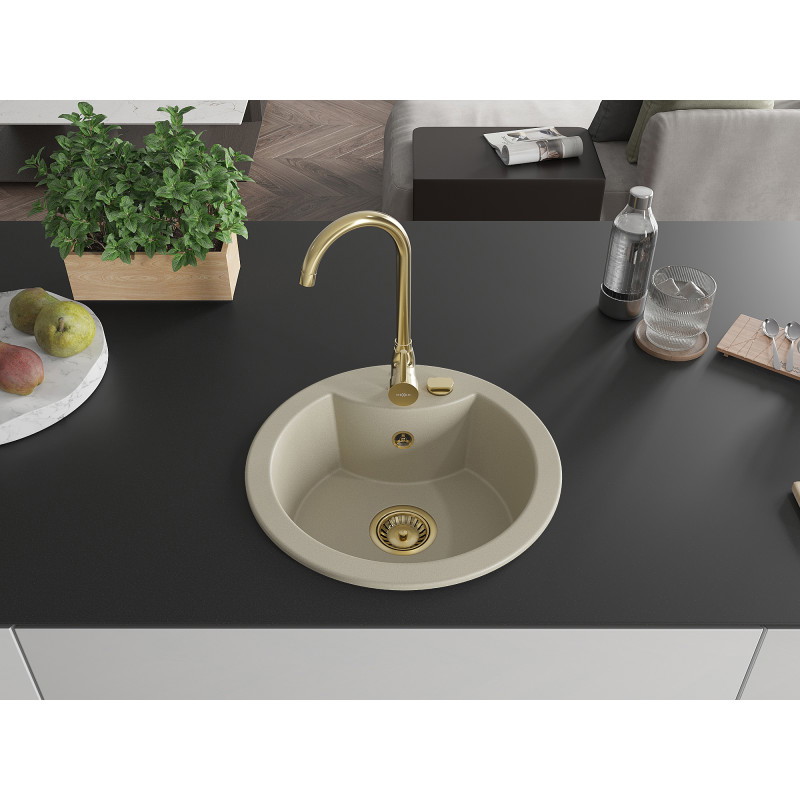 Mexen Diego granite sink 1-bowl 488 x 480 mm, beige, golden siphon - 6512481000-69-G