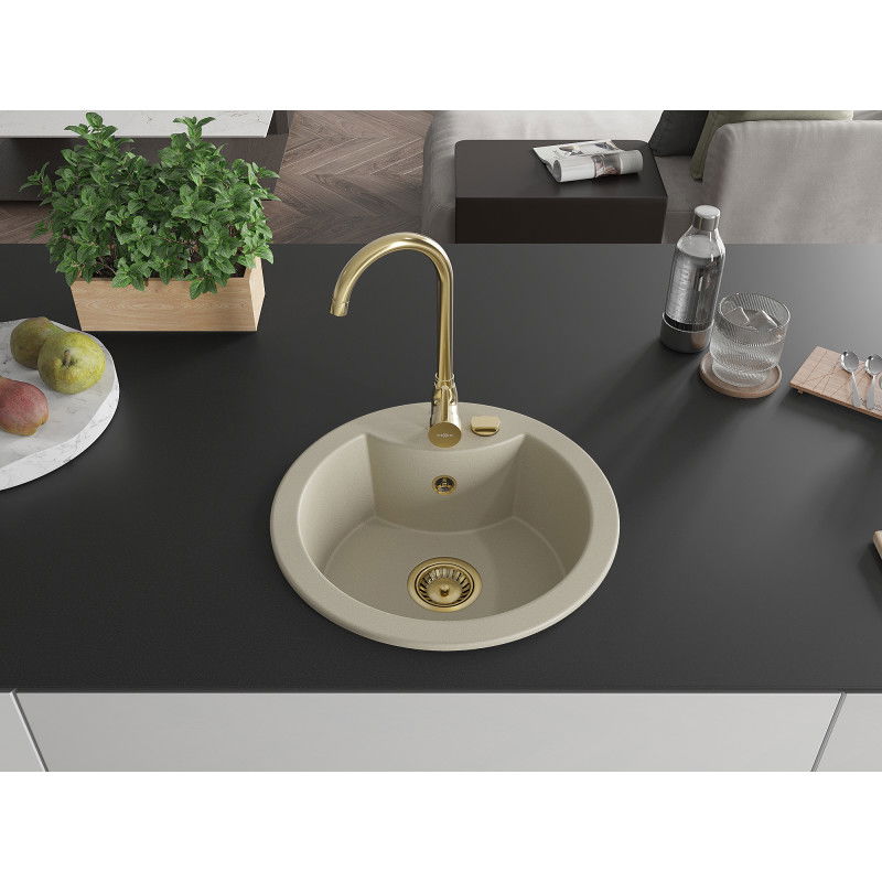 Mexen Diego Single-Bowl Granite Sink 488 x 480 mm, Beige, Golden Siphon - 6512481000-69-G