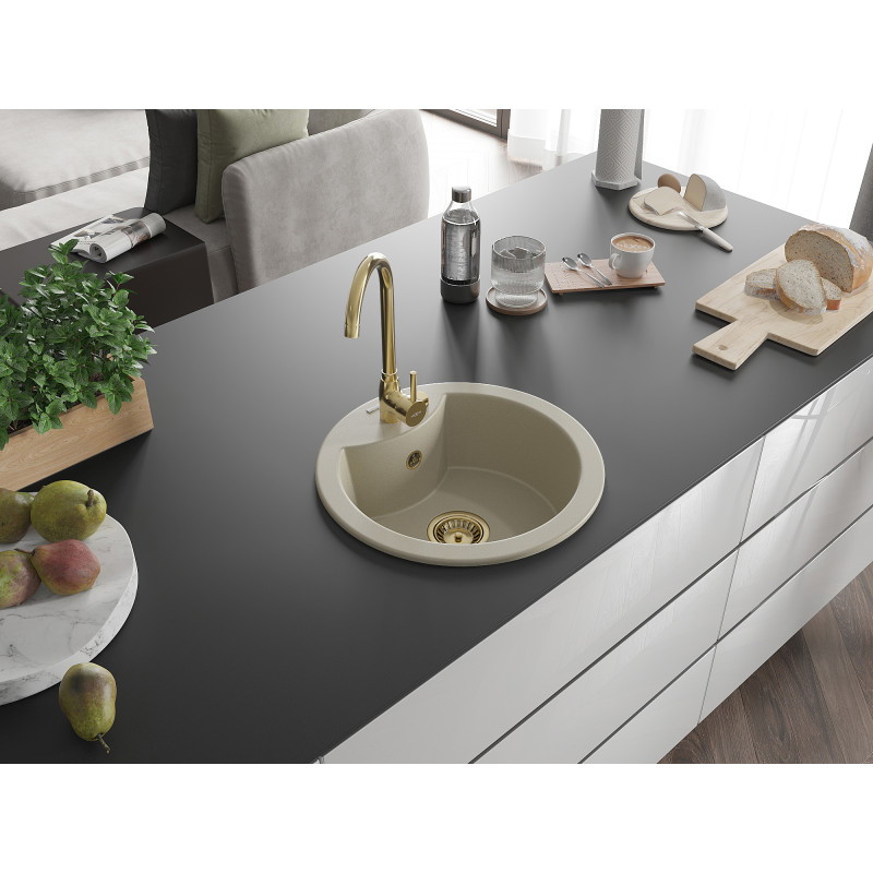 Mexen Diego granite sink 1-bowl 488 x 480 mm, beige, golden siphon - 6512481000-69-G