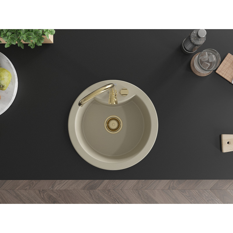 Mexen Diego granite sink 1-bowl 488 x 480 mm, beige, golden siphon - 6512481000-69-G